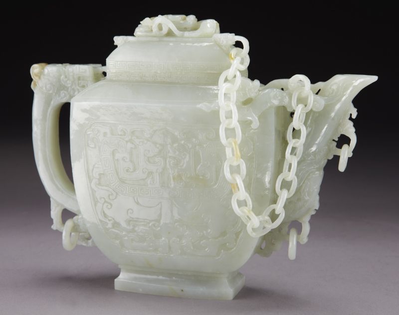 Chinese carved white jade teapot
