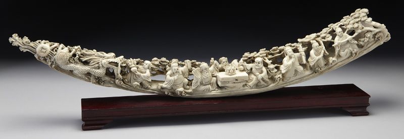 Chinese carved ivory tusk depicting