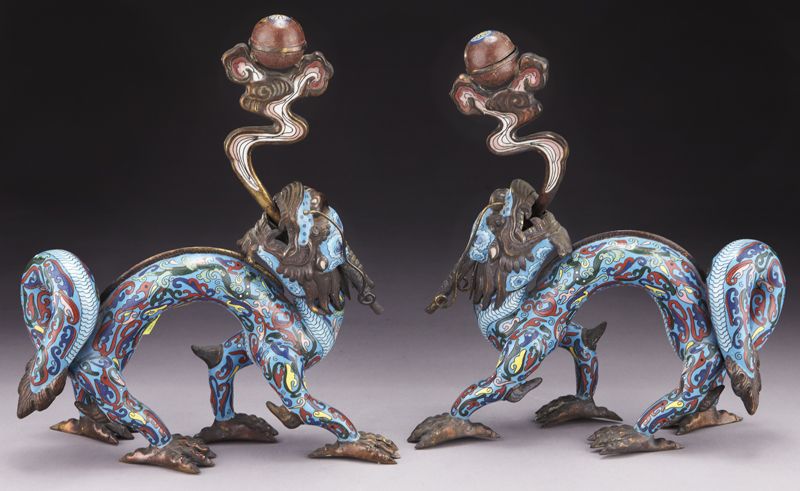 Pr Chinese cloisonne dragon candlesticks 13 H 173ebd