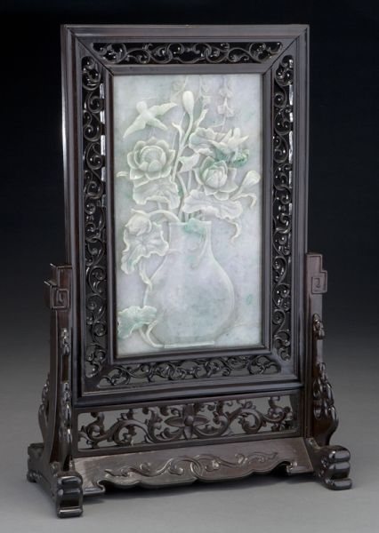 Chinese carved jadeite table screendepicting