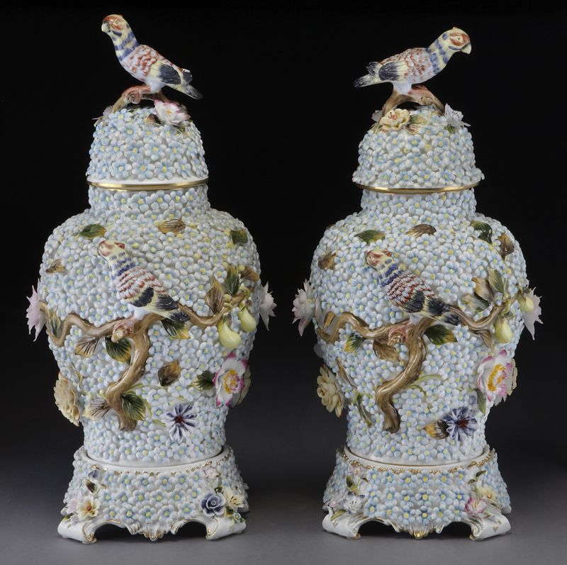 Pr. Meissen style porcelain lidded urns