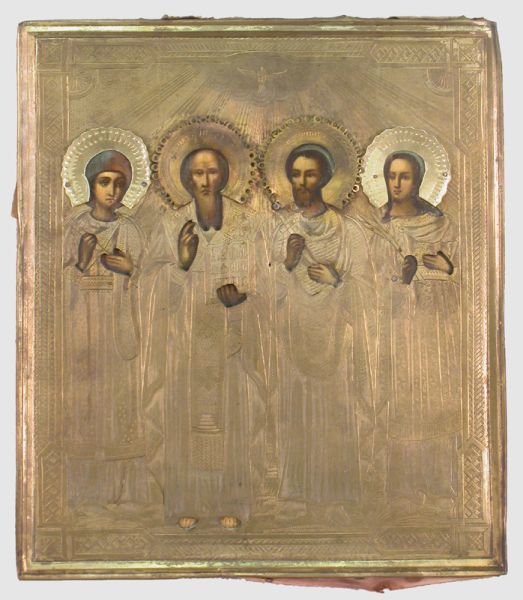 Russian icon depicting four saints covered