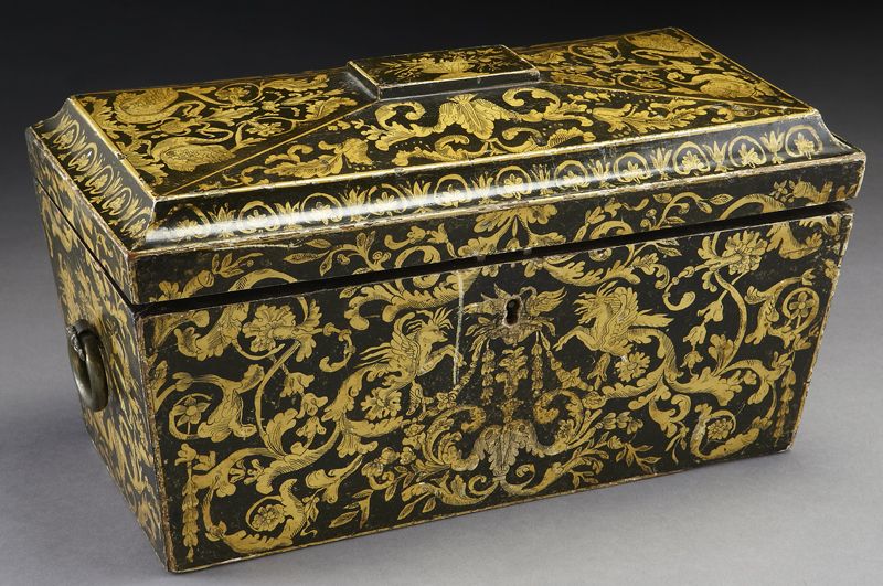 English penwork tea caddy of sarcophagus 17401c