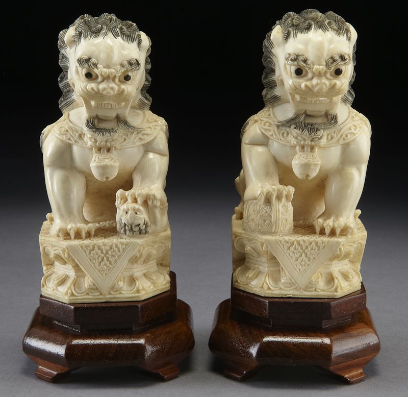 Pr Chinese carved ivory foo lions 17402a