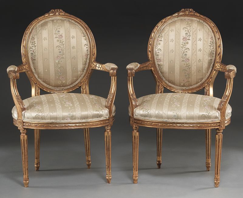 Pr. Louis XVI style gilt wood fauteuil