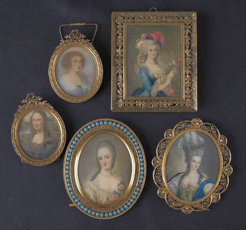 Five French miniature watercolor portraits.