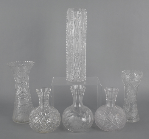 Six cut glass vases tallest - 14 1/2.