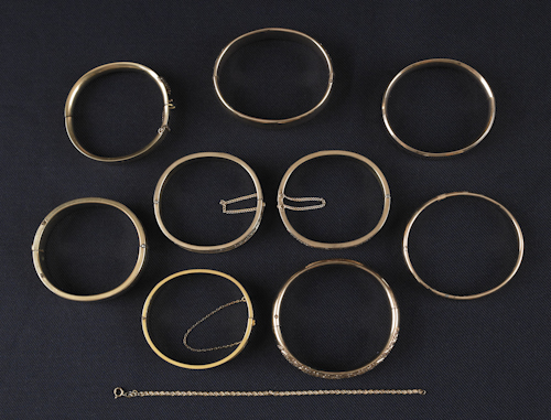 Nine gold-filled bangle bracelets