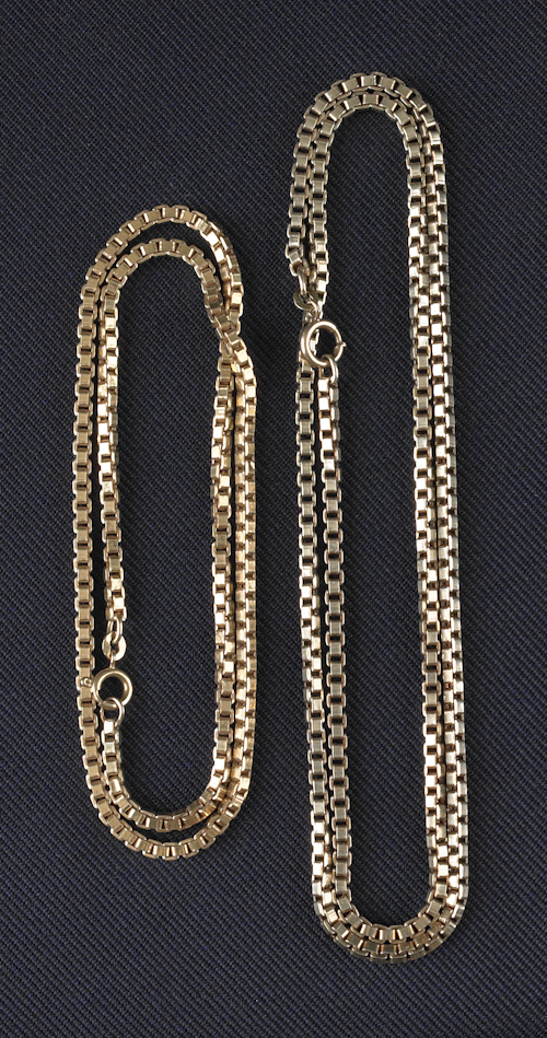 Two 14K yellow gold box link chains
