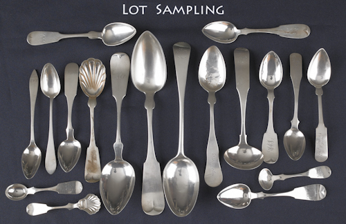 Large group of coin silver spoons