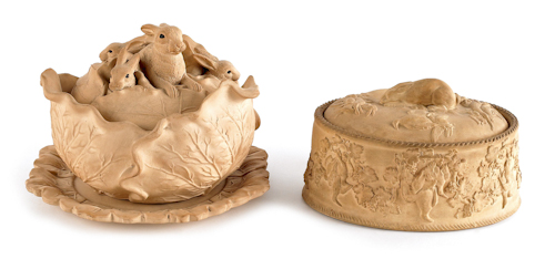 Two caneware covered dishes with rabbit
