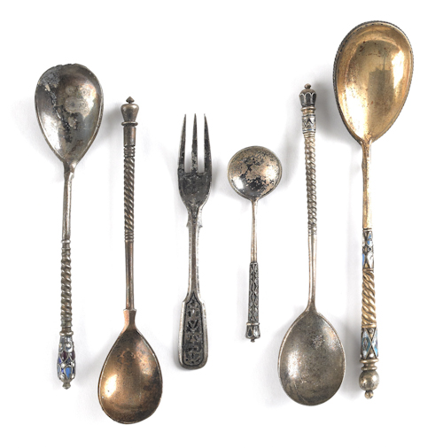 Five Russian silver enamel spoons