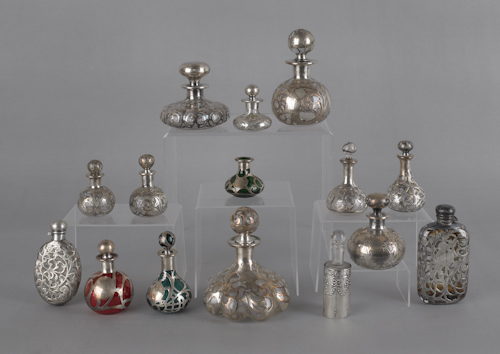 Fifteen silver overlay glass bottles 176a9b