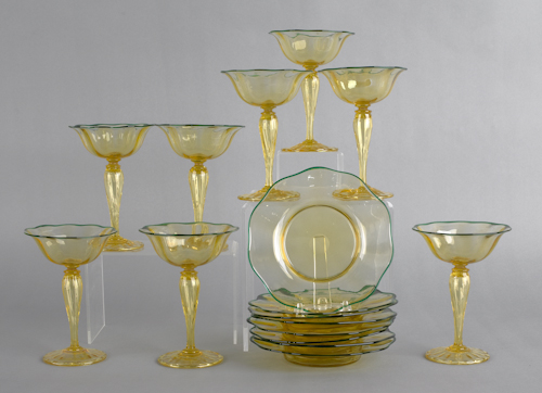Eight yellow glass sherbets with underplates