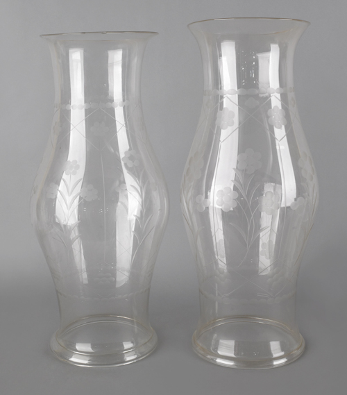 Pair of large etched glass hurricane