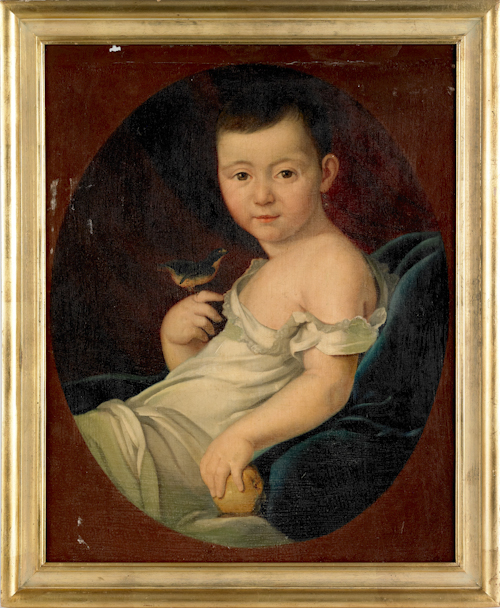 Oil on canvas portrait of a child holding