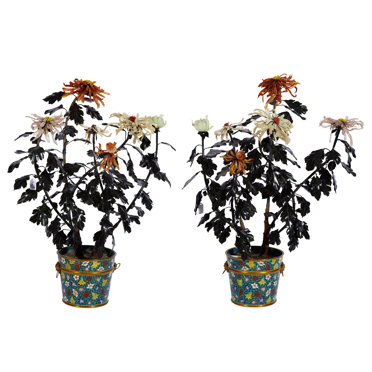 Pair of Jade and Hardstone Chrysanthemums 176cba