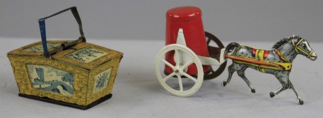 BASKET AND HORSE DRAWN PENNY TOYS