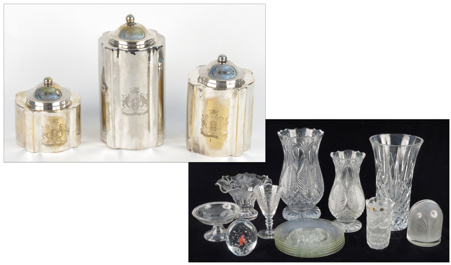 GROUP OF THREE SILVERPLATE CANNISTERS.