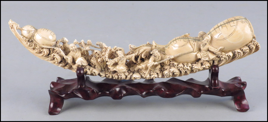CHINESE CARVED IVORY TUSK. Depicting