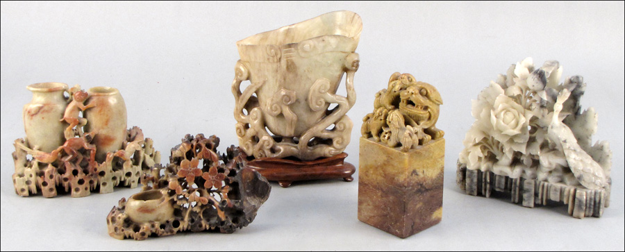 GROUP OF FIVE ASIAN SOAPSTONE AND