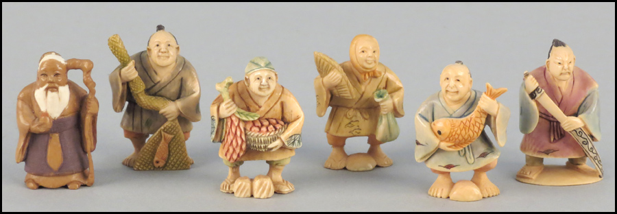 SIX JAPANESE CARVED AND PAINTED