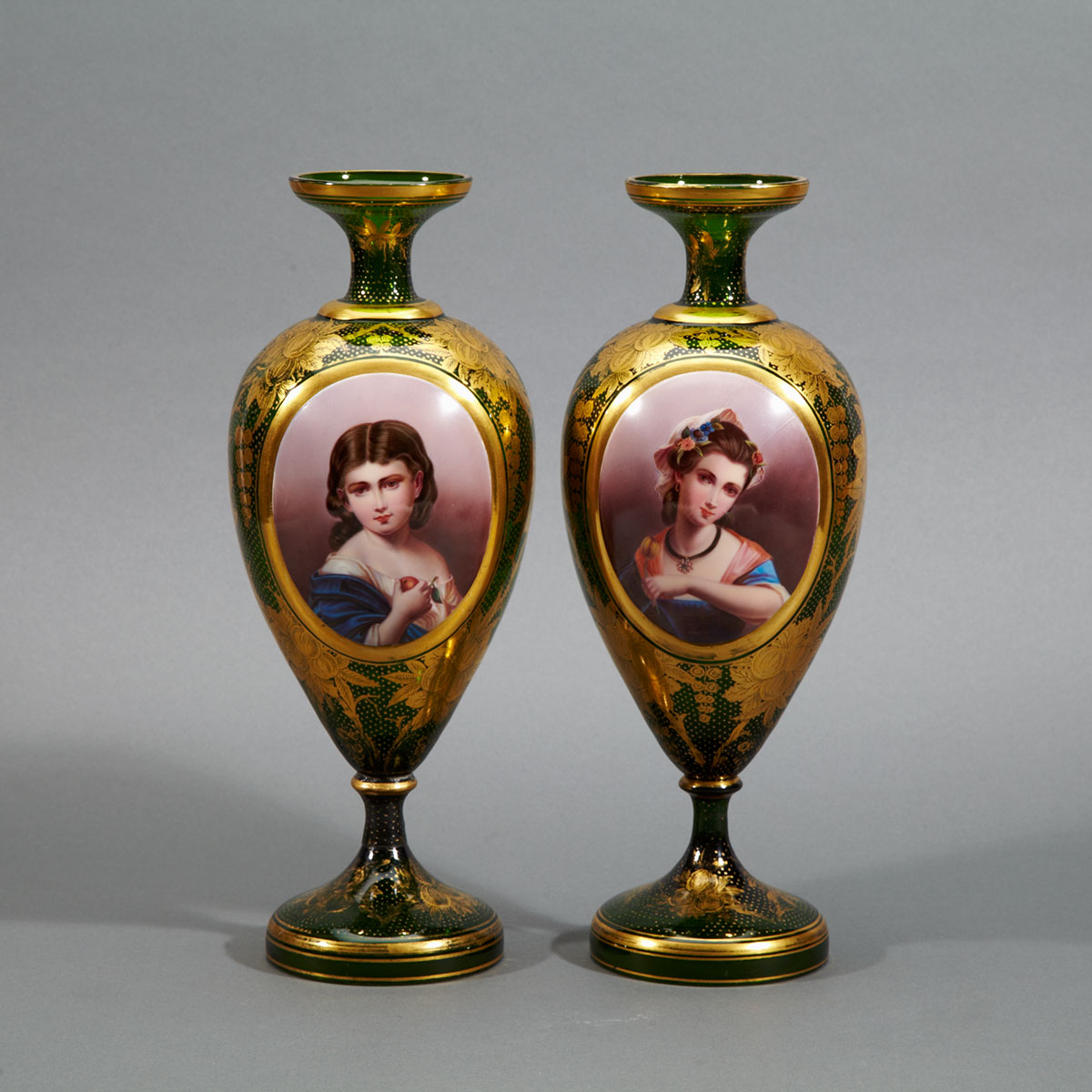 Pair of Bohemian Green and Gilt