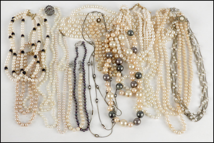 COLLECTION OF FAUX PEARL NECKLACES.
