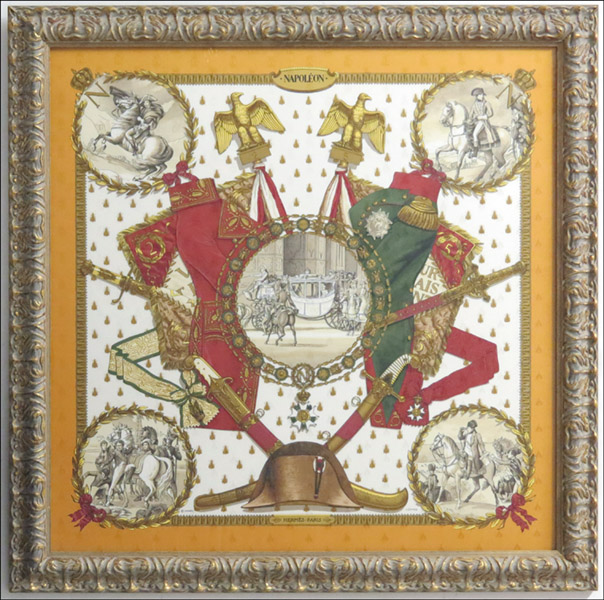 FRAMED HERMES SILK 'NAPOLEON' SCARF.