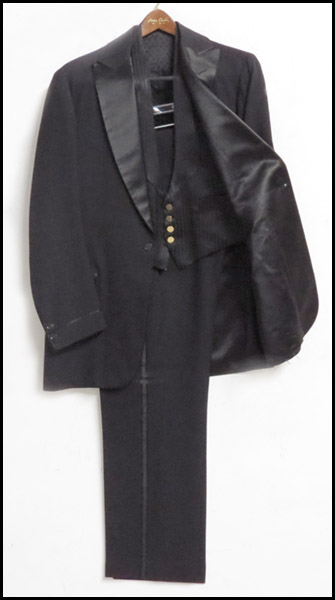 BLACK SILK AND SATIN THREE PIECE TUXEDO.