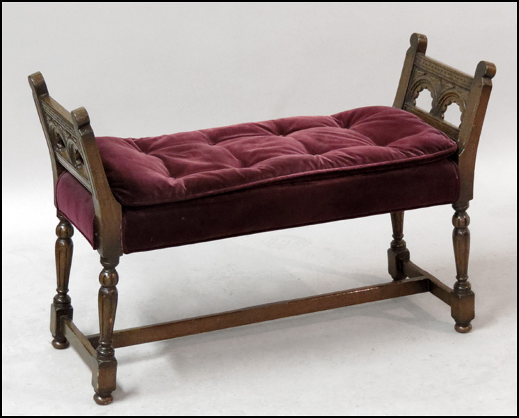 AMERICAN UPHOLSTERED MAHOGANY BENCH.