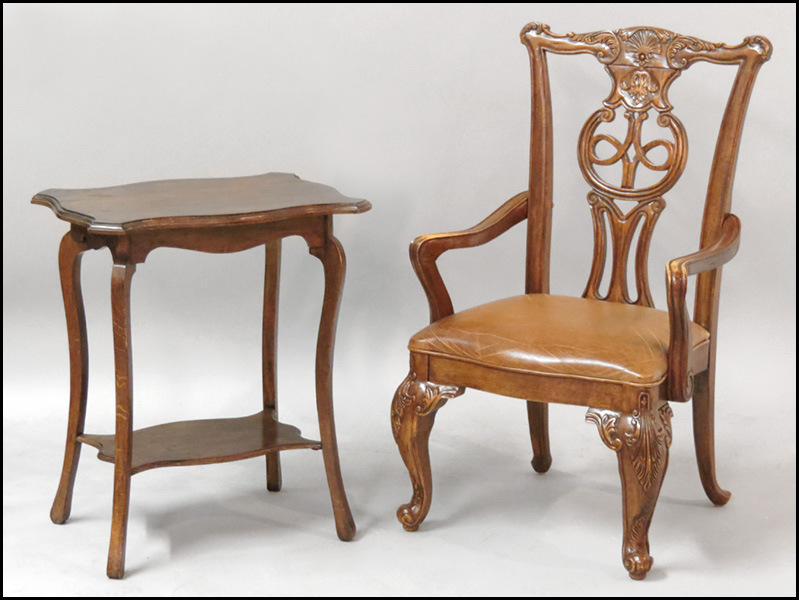 CARVED MAHOGANY OPEN ARM CHAIR.