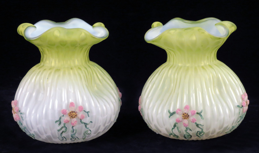 PAIR OF WEBB YELLOW SATIN GLASS VASES.