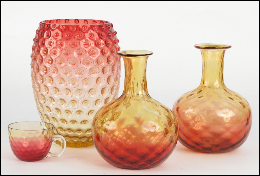 PAIR OF AMBERINA GLASS DECANTERS.