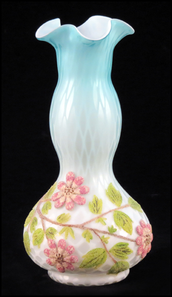 QUILTED SATIN GLASS VASE. Bearing