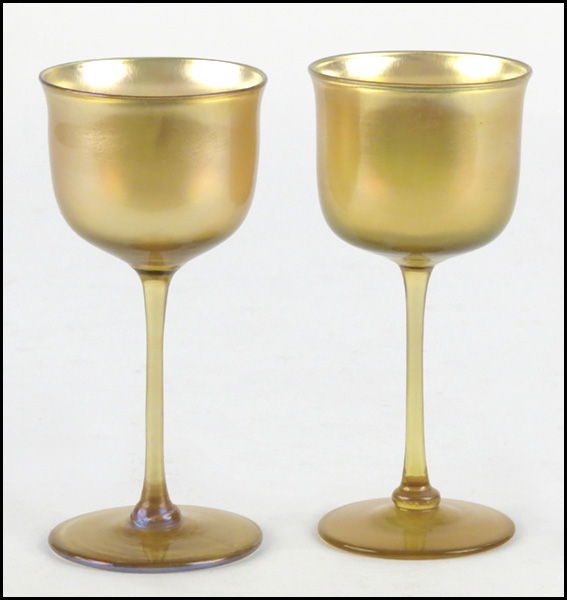 TWO TIFFANY FAVRILE GLASS GOBLETS.