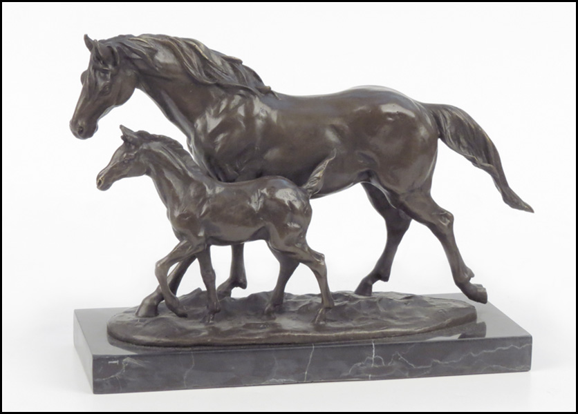 PATINATED BRONZE OF HORSES IN STRIDE.