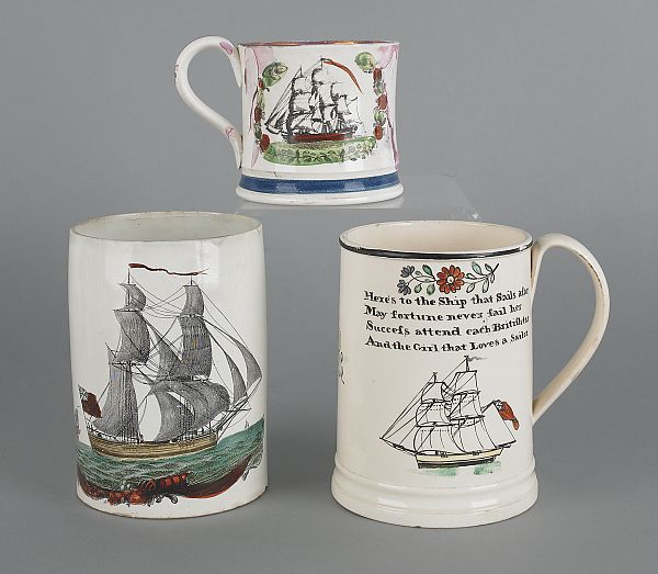 Three Staffordshire mugs of maritime