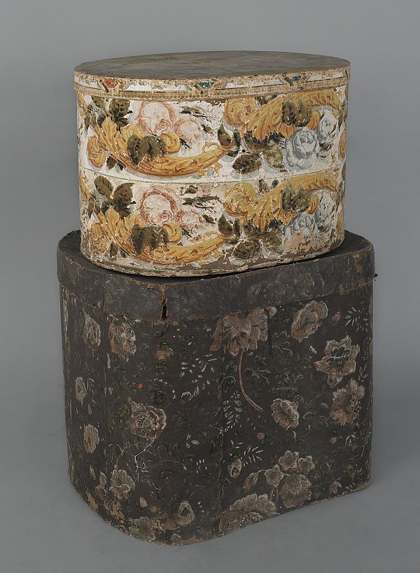 Two wallpaper hat boxes 19th c  175a71