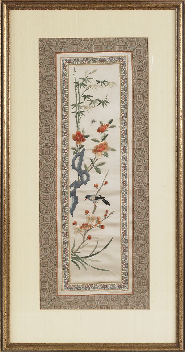 Four Oriental painted silk panels