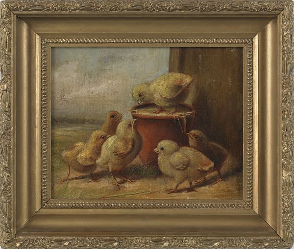 Oil on canvas portrait of six chicks