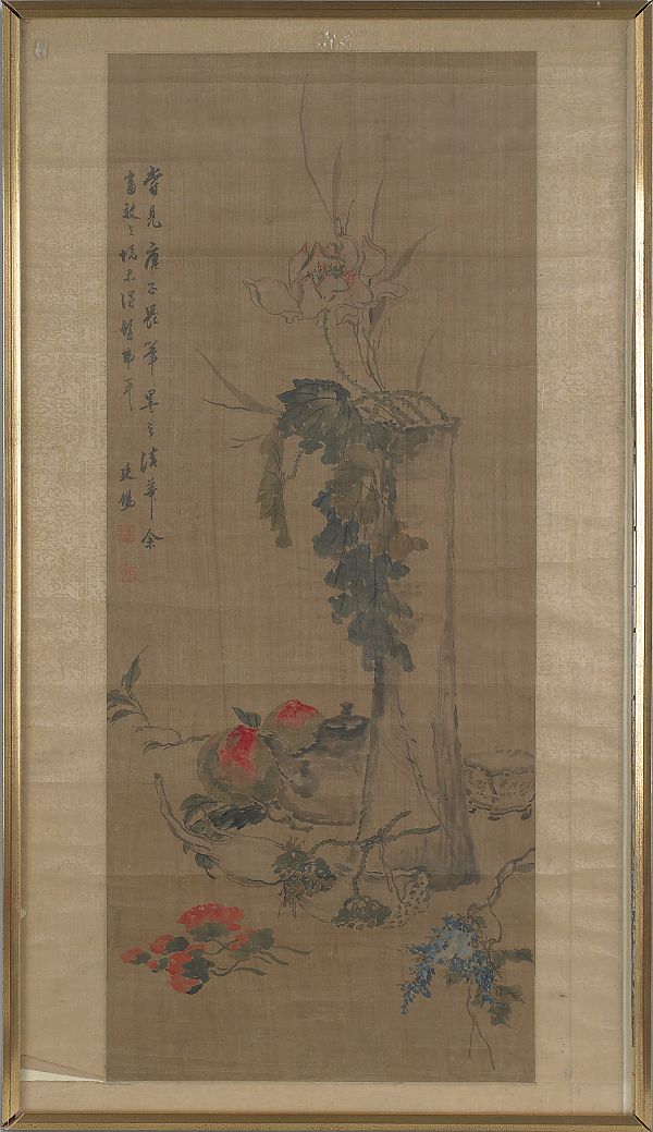 Chinese painted silk scroll 39"