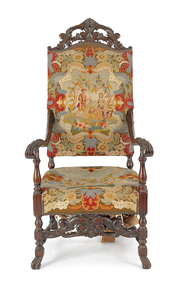 Jacobean style needlepoint armchair.