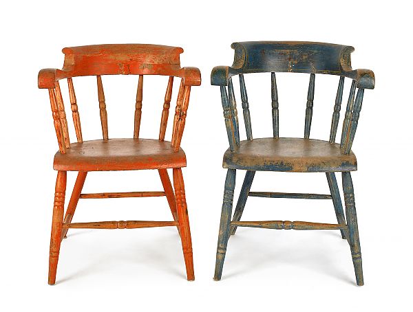 Two painted firehouse Windsor chairs