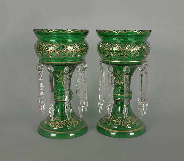 Pair of emerald glass lustres ca.