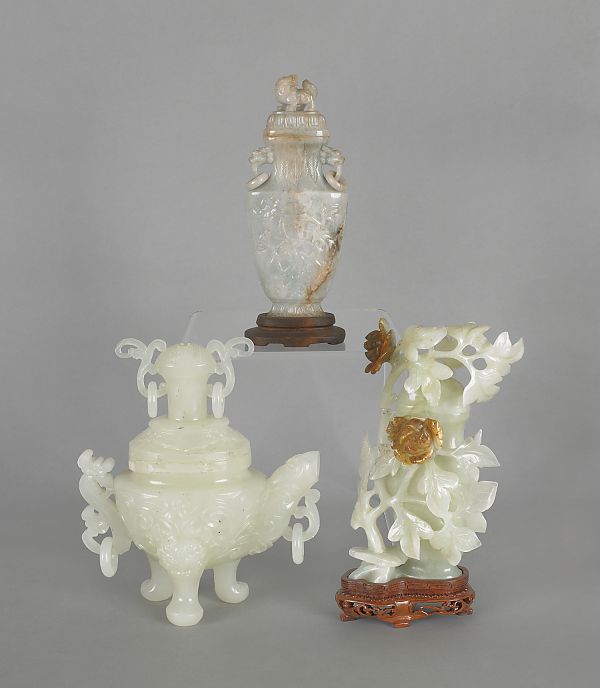 Two Chinese carved jade urns 7"