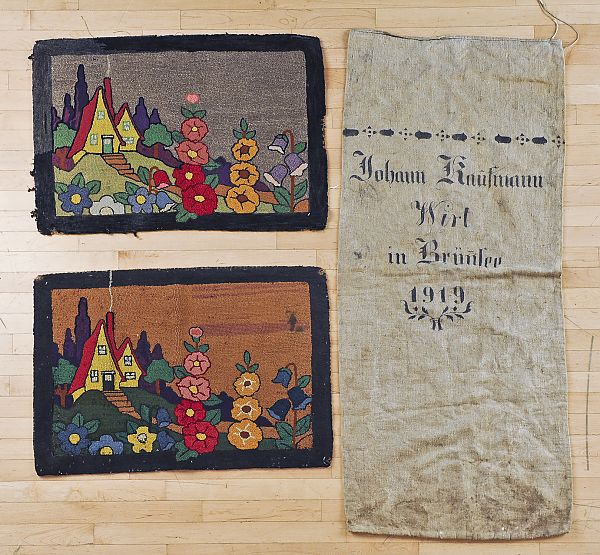 Pair of floral hooked rugs early