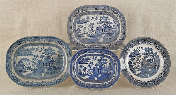 Four Staffordshire blue Willow
