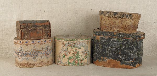 Four wallpaper hat boxes 19th c  175f13