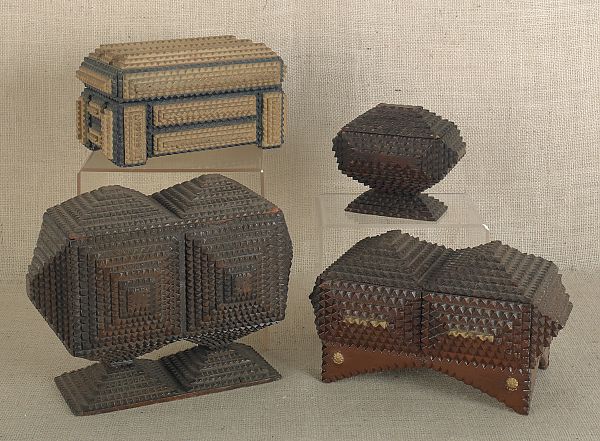 Four tramp art trinket boxes ca.